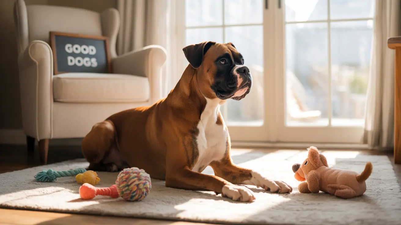 Boxer dog sitting calmly on a carpet surrounded by dog toys near a sunny window