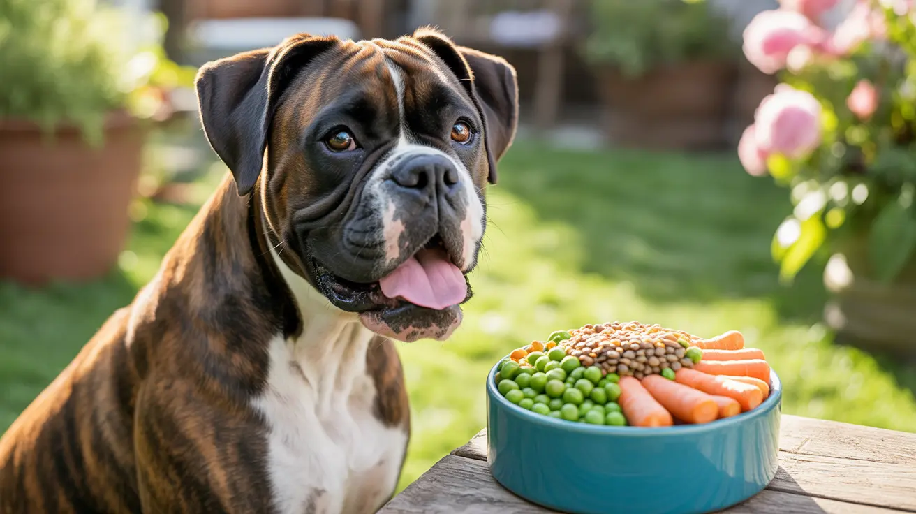 Brindle and white Boxer dog sitting by a blue bowl with colorful vegetables and kibble on a wooden table in a garden