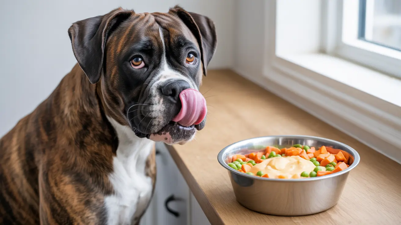 Boxer dog sitting next to a stainless steel bowl of colorful vegetables licking its lips