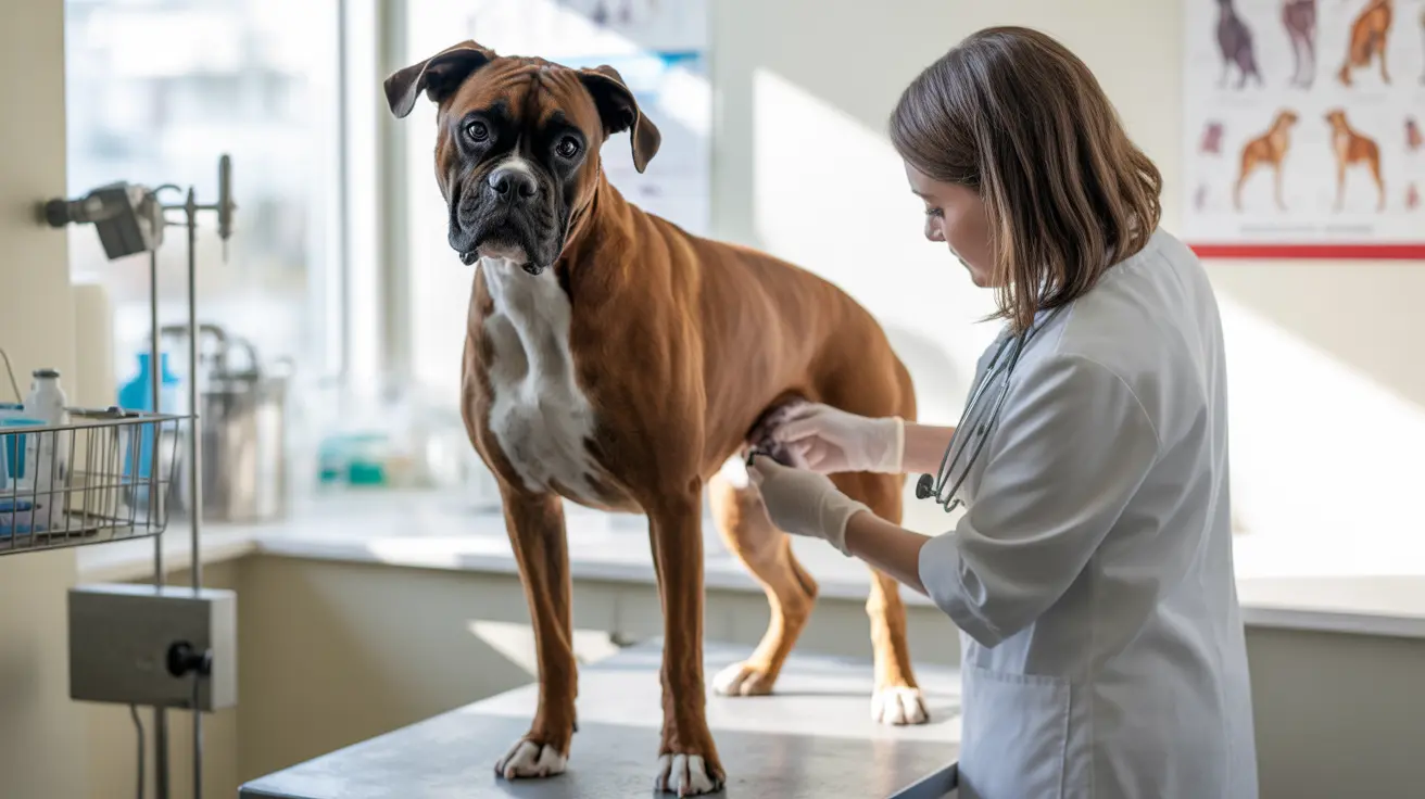 医療用テーブルの上で獣医の診察を受けているボクサー犬