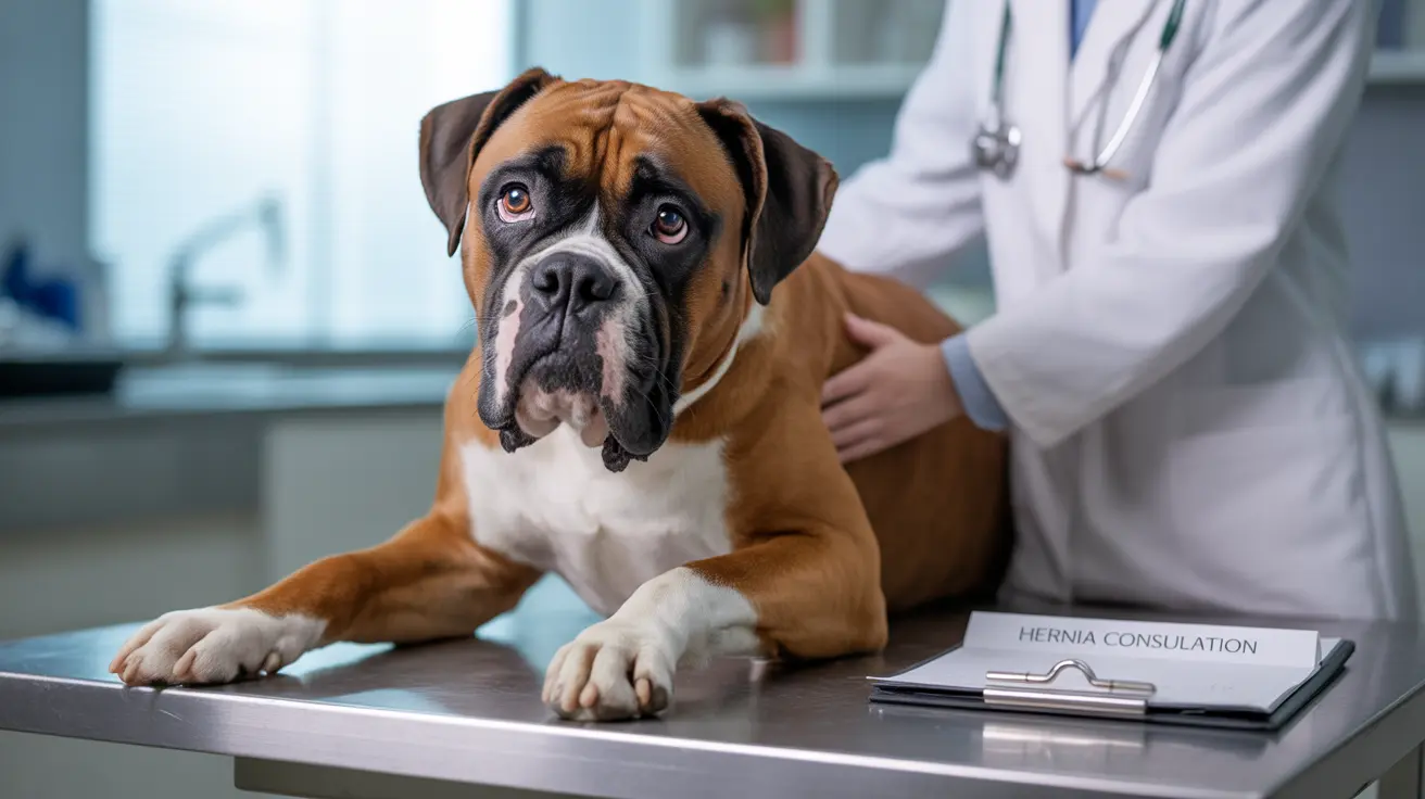 Un chien Boxer assis sur une table d'examen lors d'une consultation vétérinaire pour une hernie