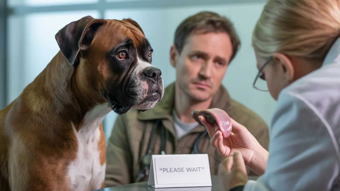 Boxer dog sitting attentively during veterinary examination with concerned owner in background