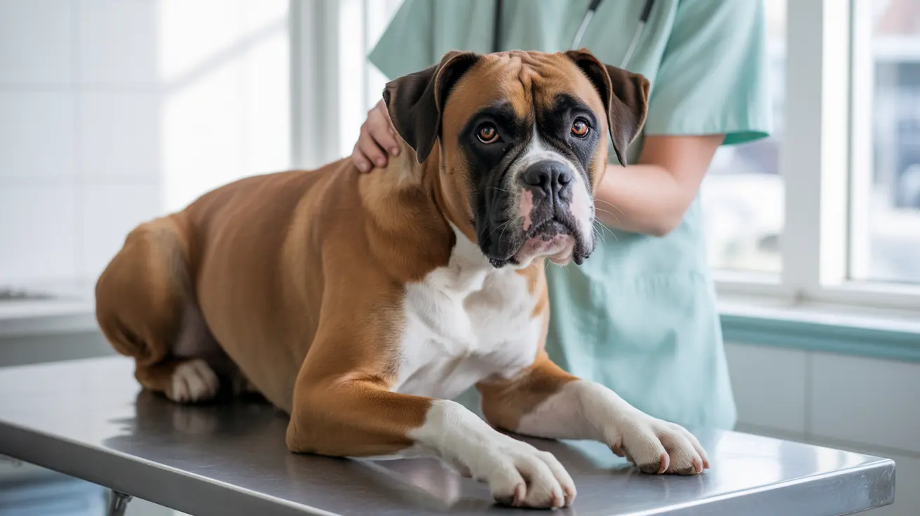 A Boxer dog sitting on a veterinary examination table with a medical professional's hand on its back