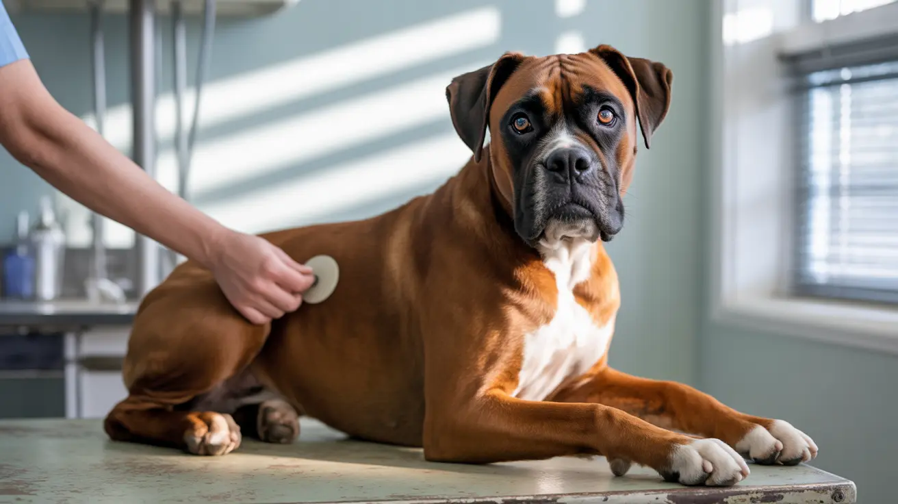 Boxer dog on veterinary examination table being checked with stethoscope