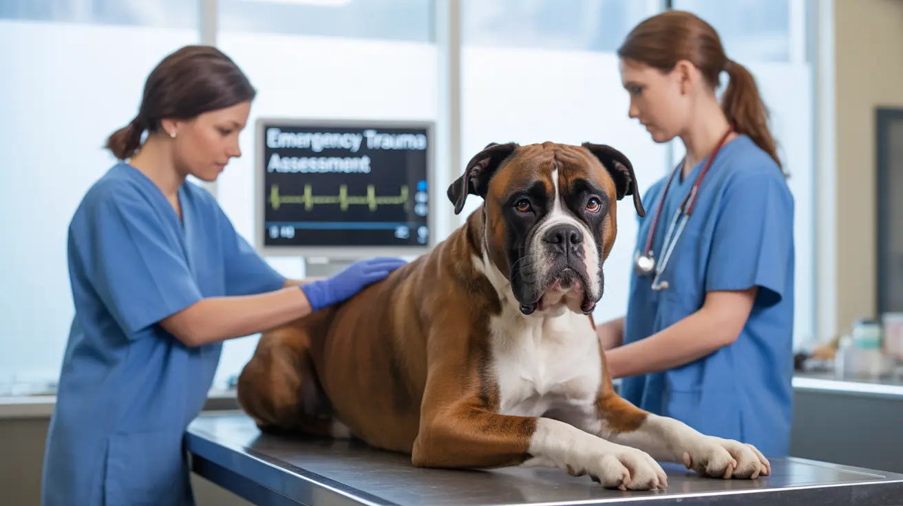 A large Boxer dog receiving medical attention from two veterinary professionals in a clinical setting