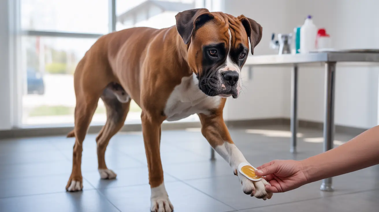 A Boxer dog receiving medical attention at a veterinary clinic with a hand applying something to its paw