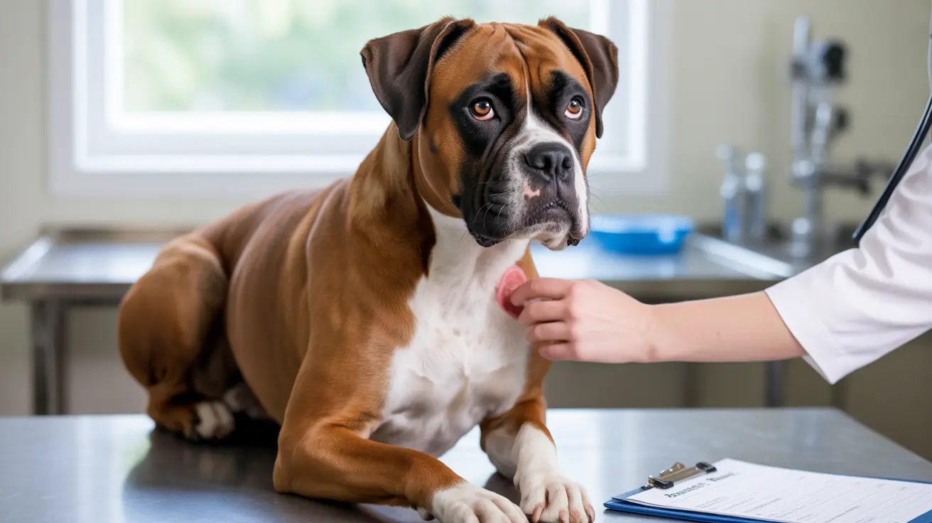 A Boxer dog sitting on an examination table during a veterinary check-up