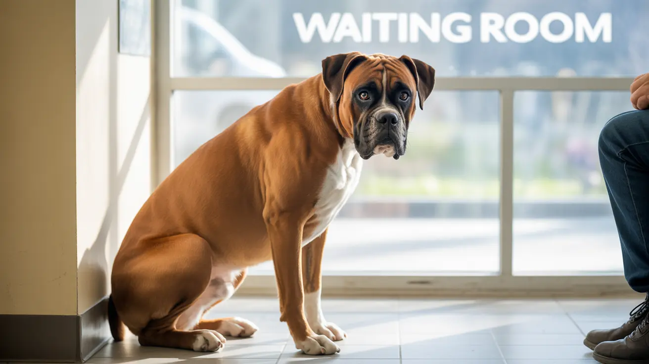 Boxer dog sitting attentively in a veterinary clinic waiting room with a Waiting Room sign in the background