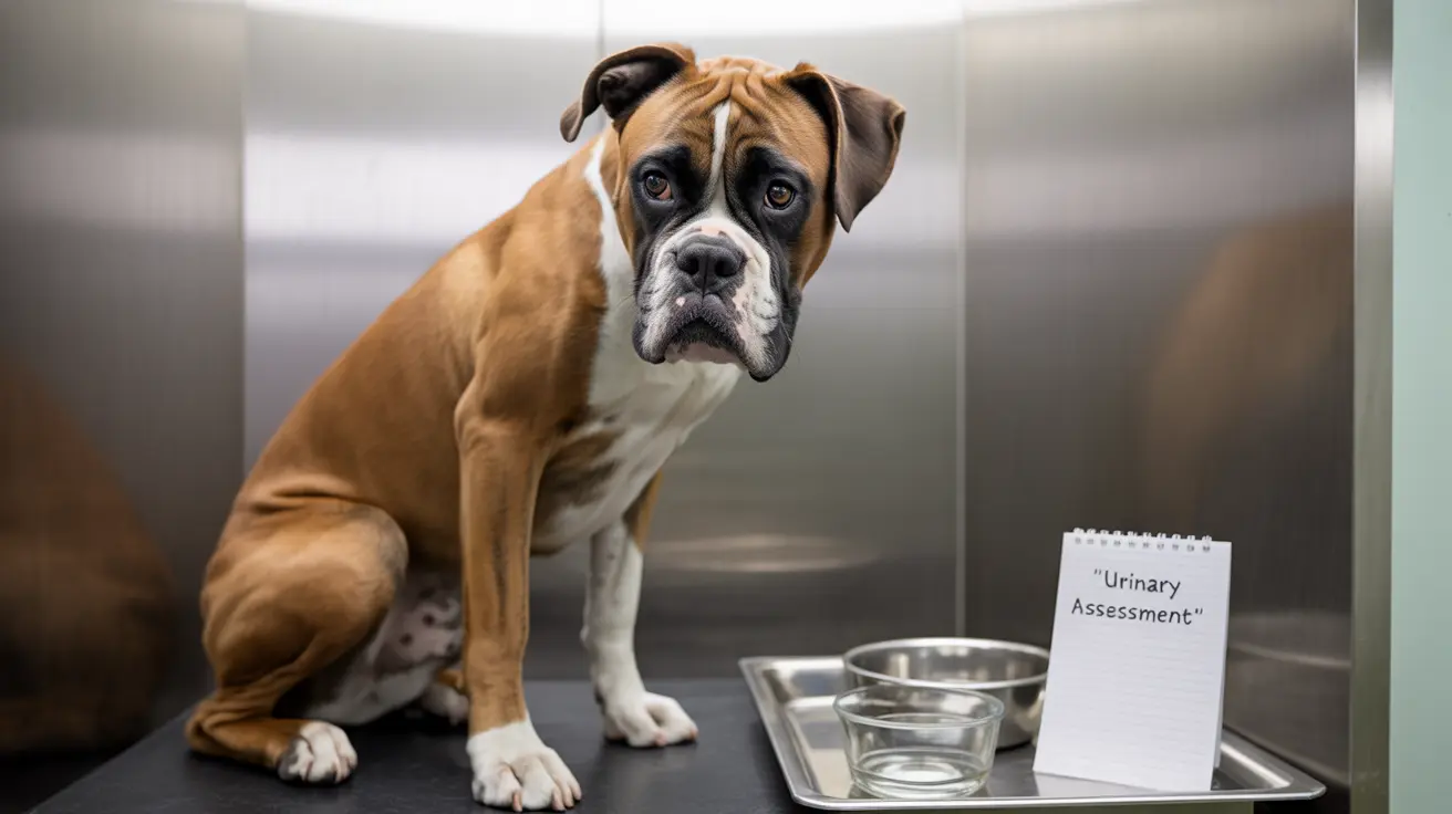 Serious-looking Boxer dog sitting in veterinary examination room for urinary assessment