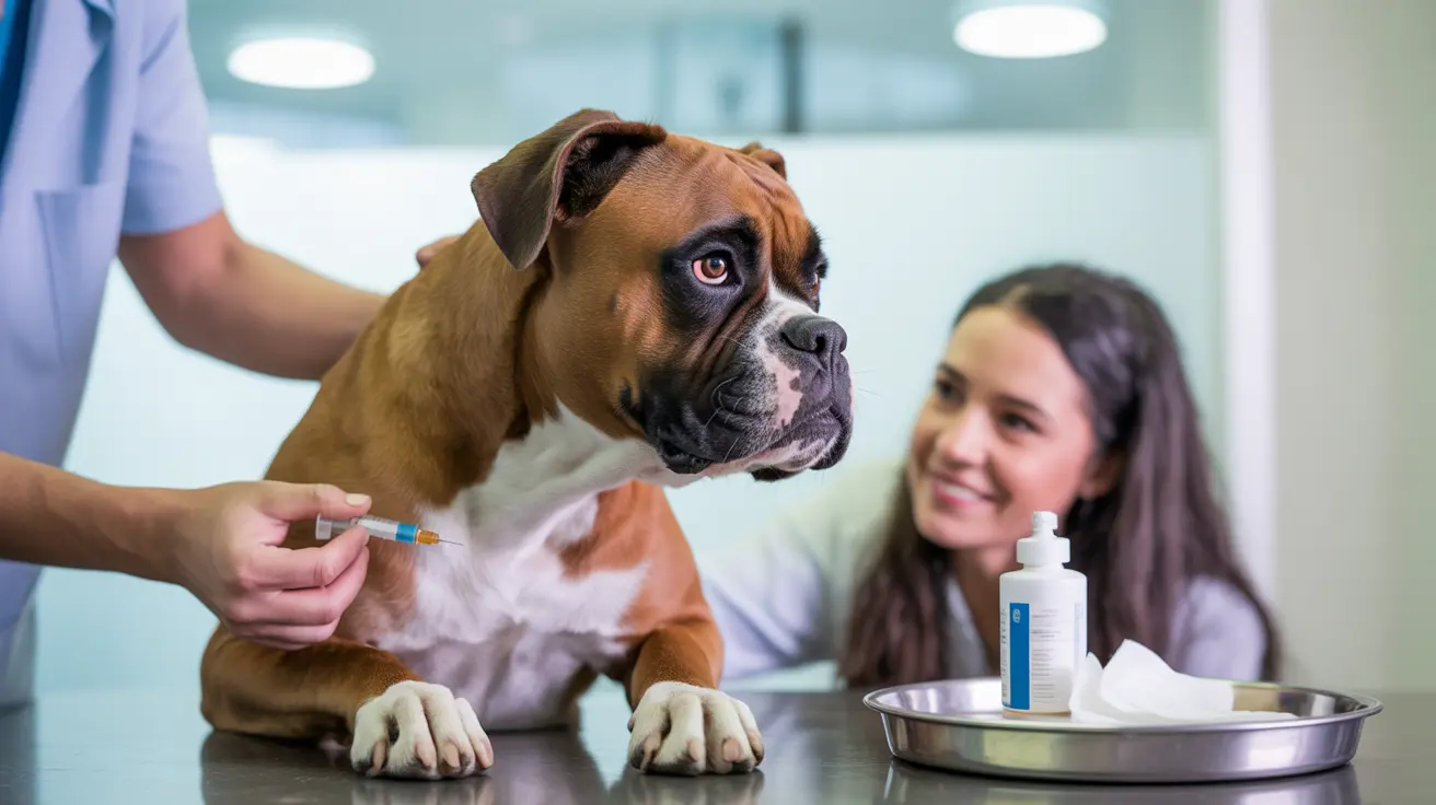 A Boxer dog receiving a medical injection at a veterinary clinic