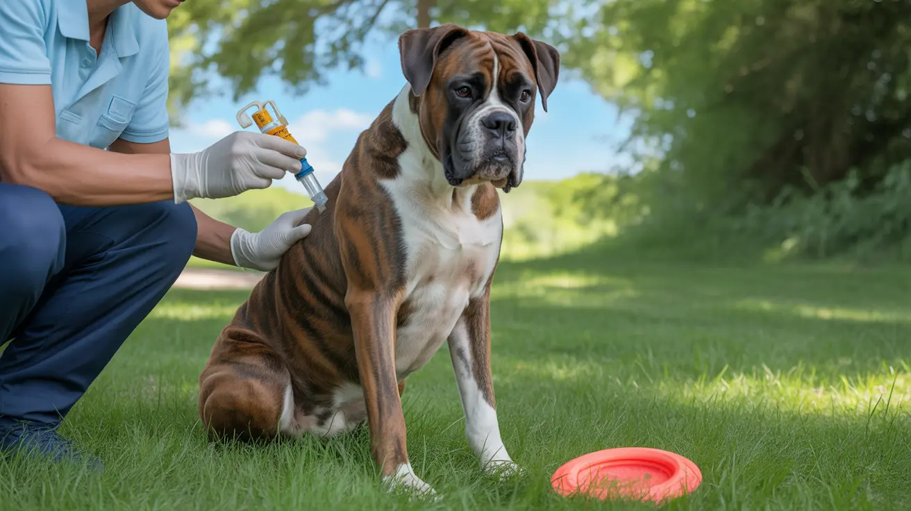 芝生の上に座って獣医に注射を受けているボクサー犬
