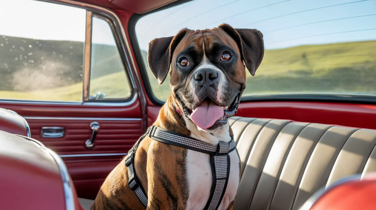 Boxer dog sitting in the back seat of a vintage red truck with rolling hills visible outside