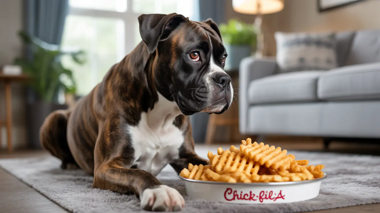 A Boxer dog sitting thoughtfully near a plate of Chick-fil-A waffle fries