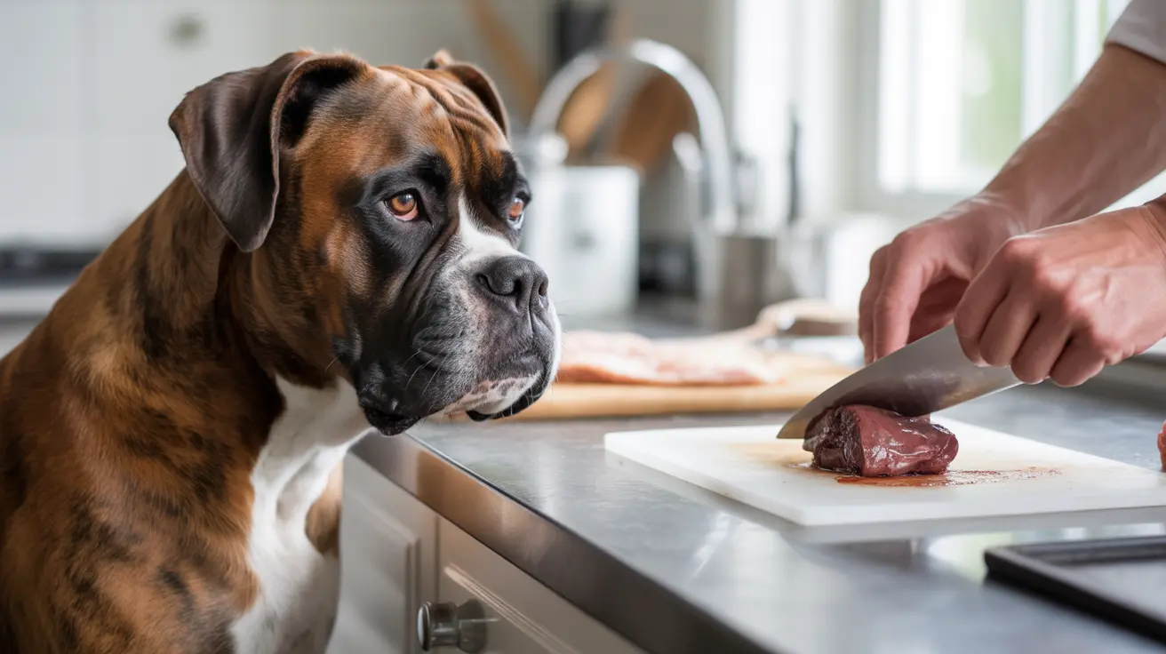 A Boxer dog intently watching someone cutting meat in a kitchen