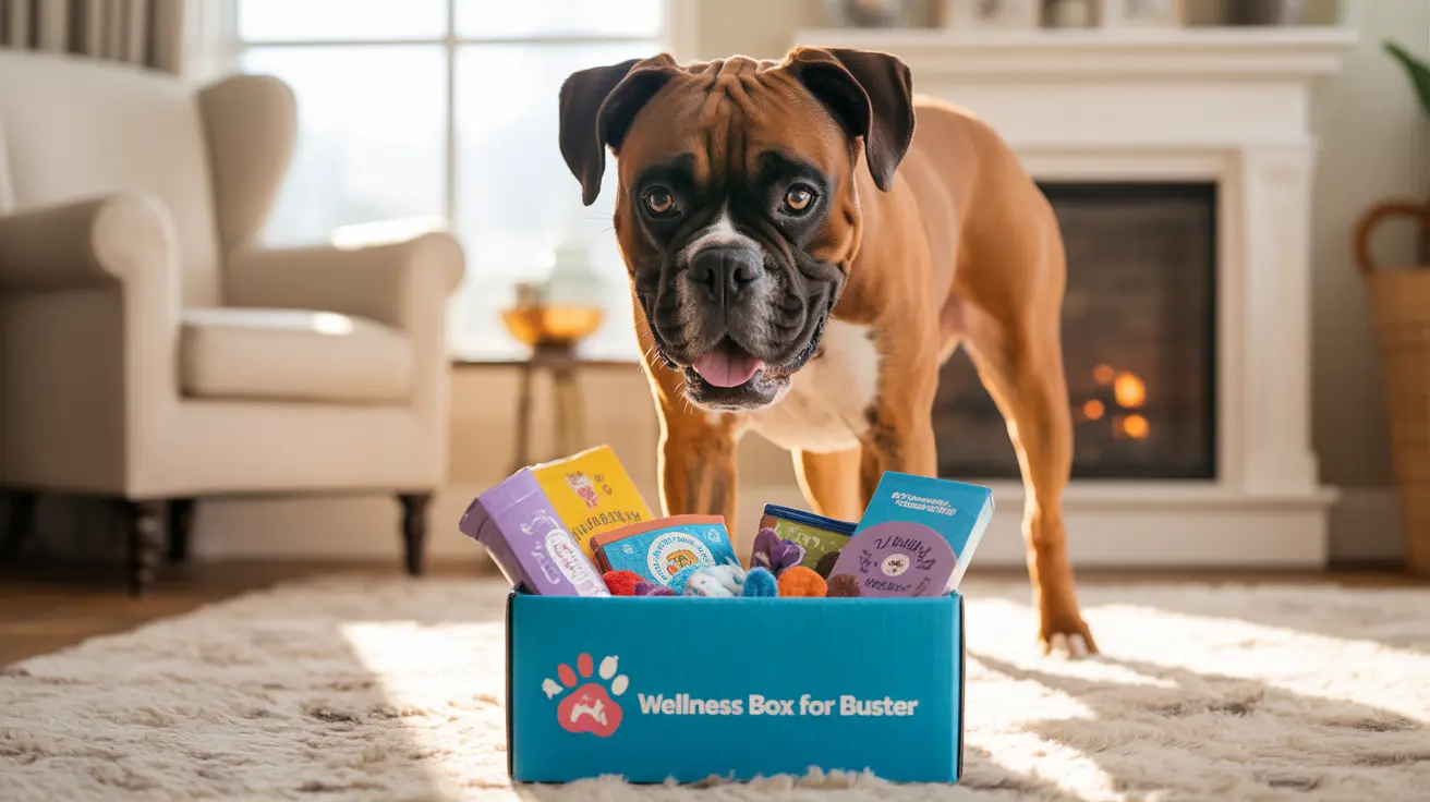 A happy Boxer dog standing next to a teal-colored wellness subscription box filled with treats and products