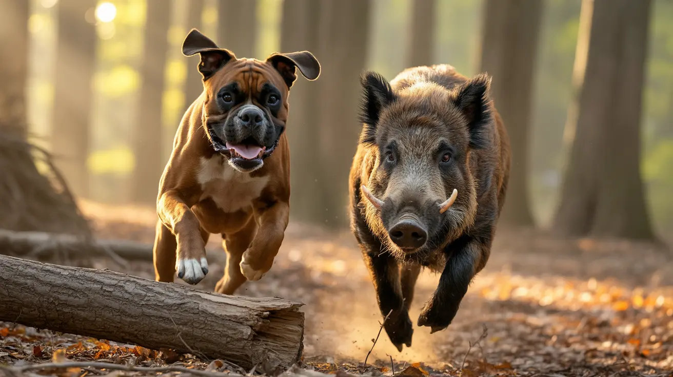 A Boxer dog and a wild boar running through a misty forest, jumping over a fallen log