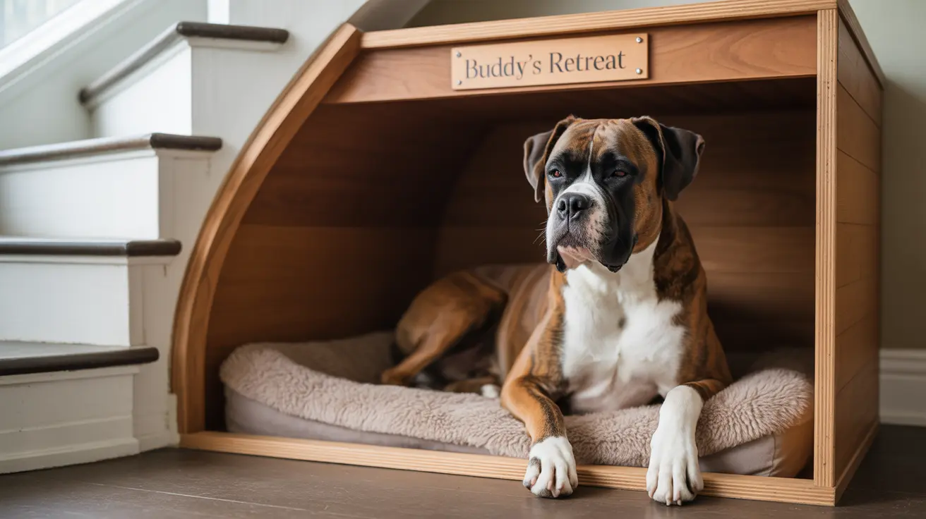 A Boxer dog resting comfortably in a personalized wooden dog house named 'Buddy's Retreat'.