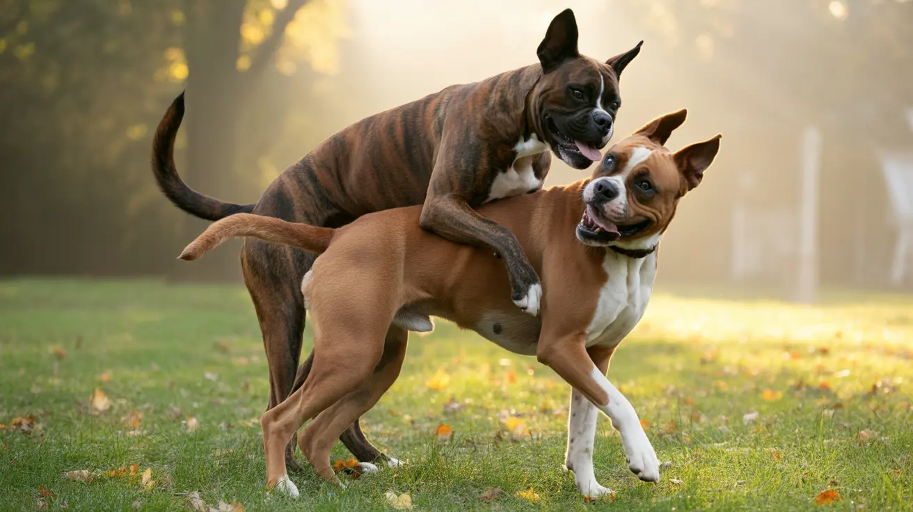 Two Boxer dogs playfully wrestling in a misty, sunlit grassy field with autumn leaves