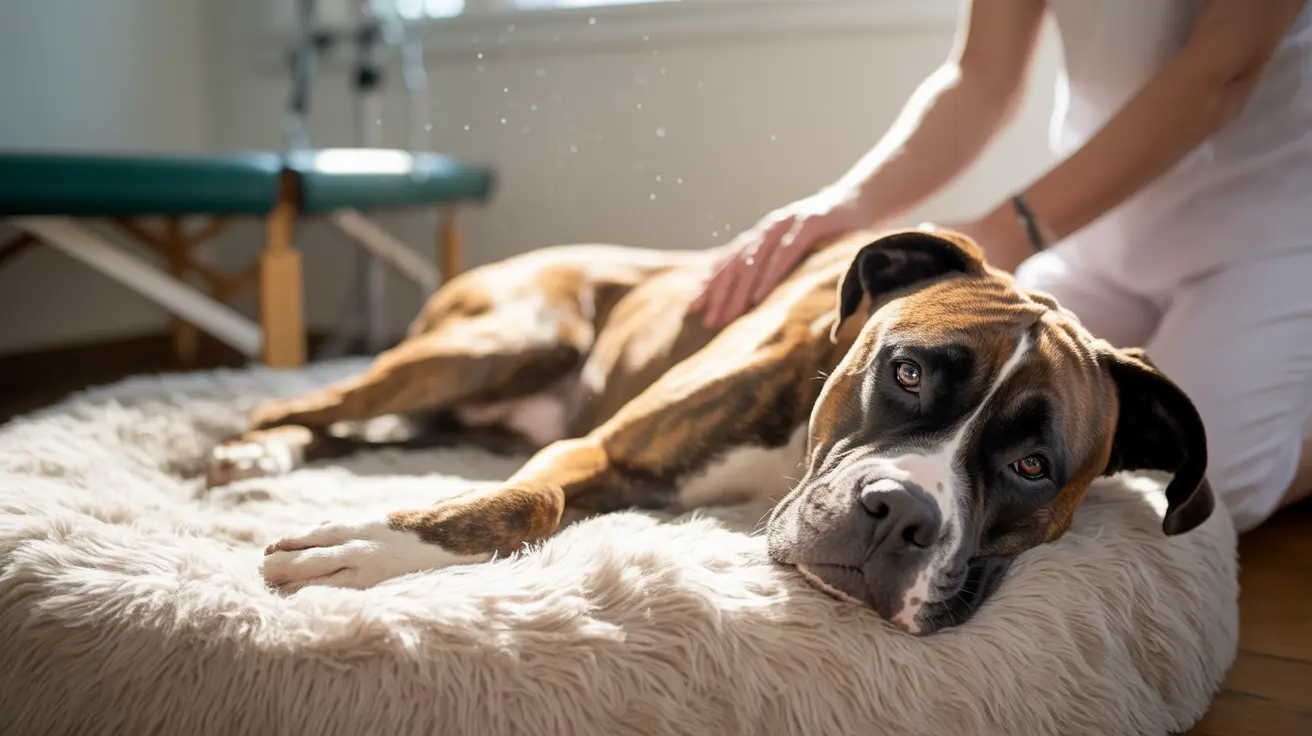 A gentle Boxer mix dog resting on a soft, fluffy white bed with a hand gently placed on its side