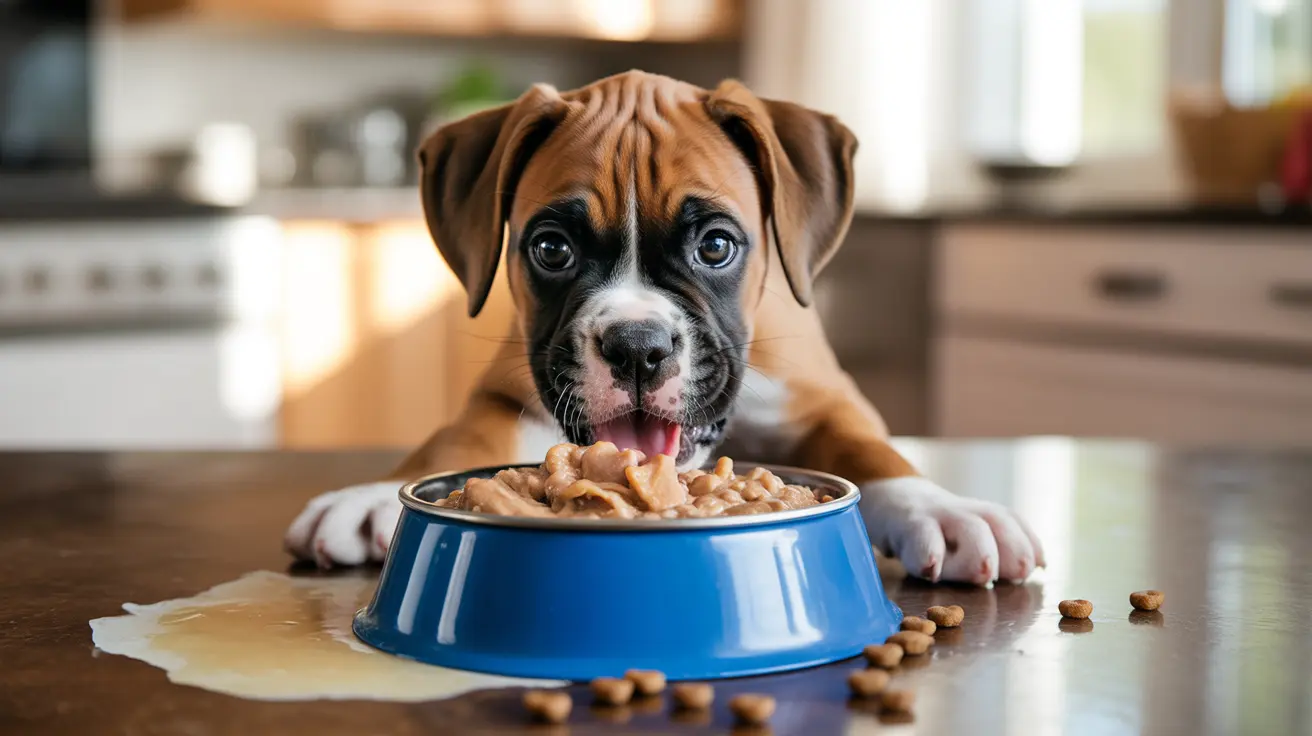 A young Boxer puppy sitting at a table with a blue food bowl, eagerly anticipating a meal