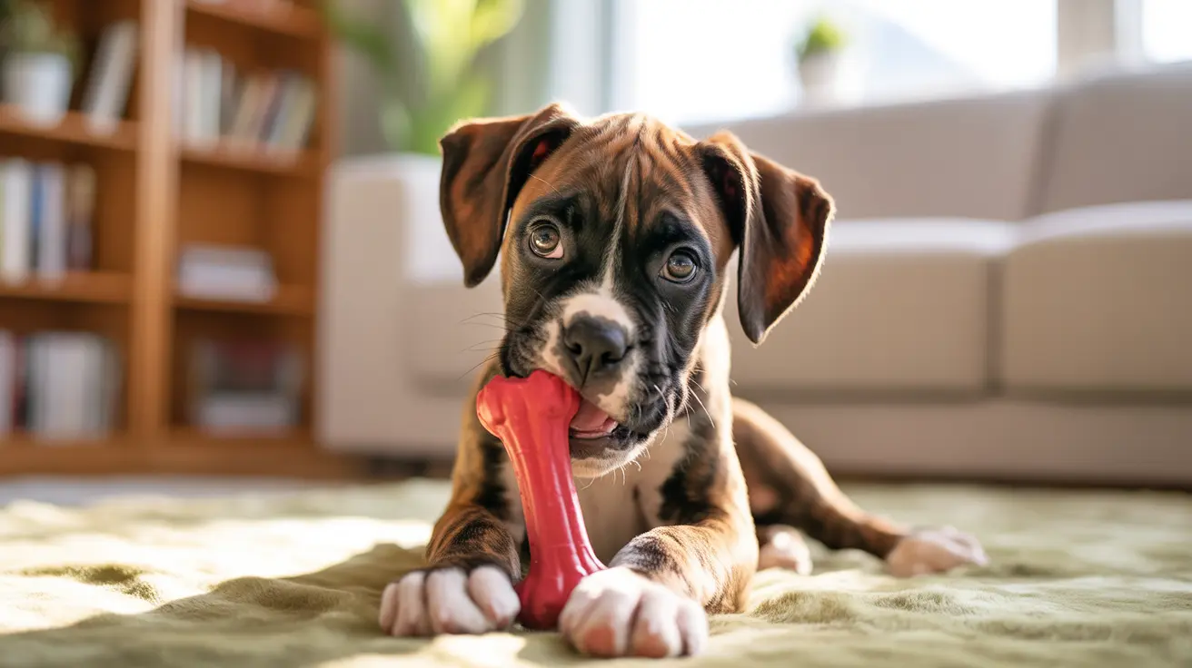 Young Boxer puppy chewing on a bright red bone-shaped toy on a soft living room carpet