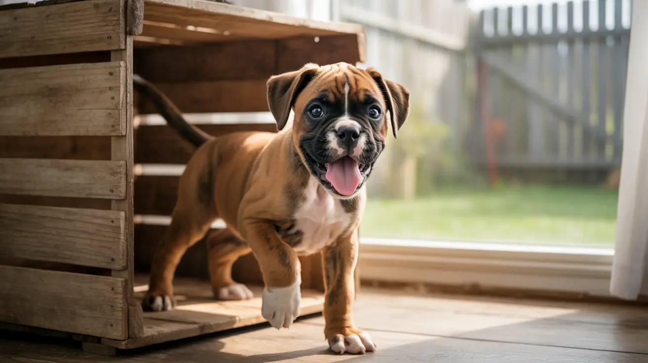 Playful Boxer puppy standing inside a wooden crate near a window, looking happy and energetic