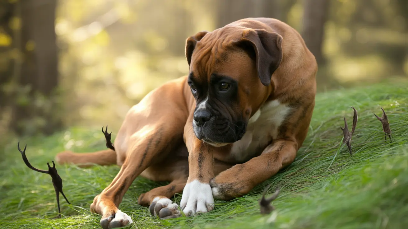 Young Boxer puppy lying on green grass outdoors with sunlight filtering through