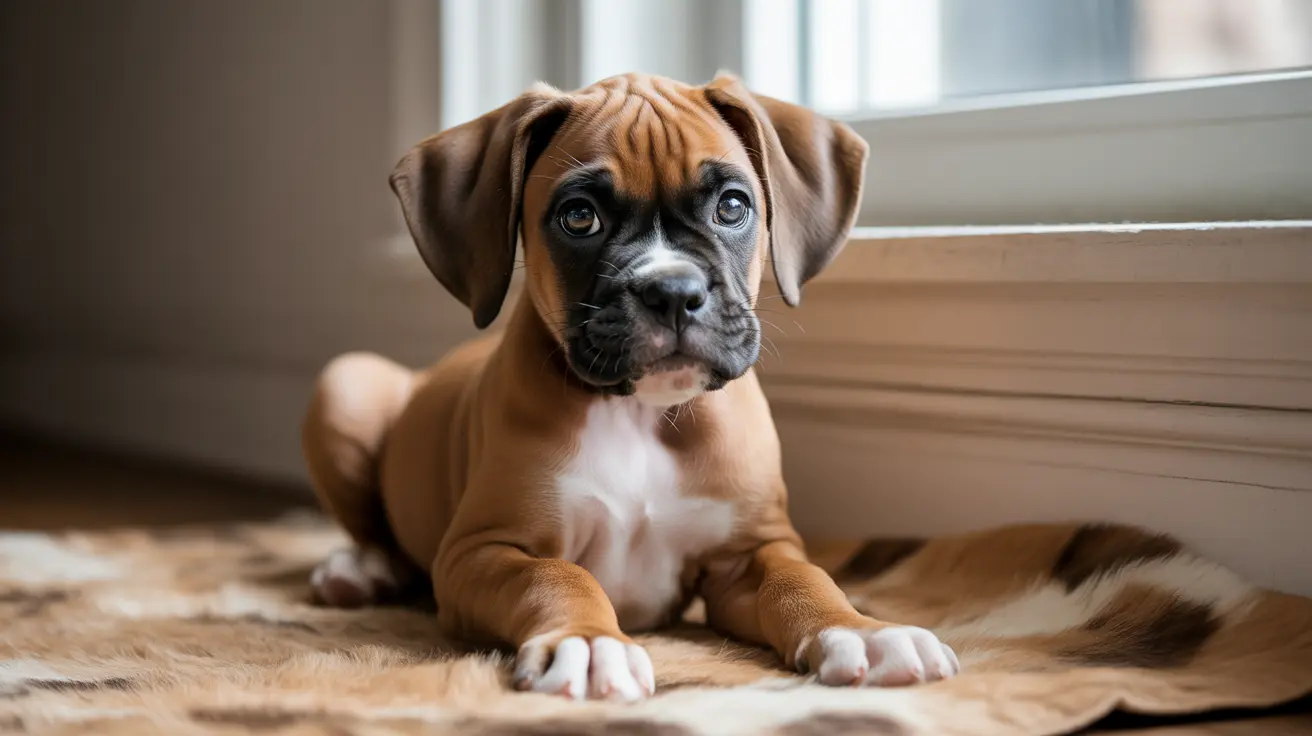 Um jovem filhote de Boxer sentado alerta em um tapete de pele macia perto de uma janela, olhando diretamente para a câmera com expressão adorável e atenta