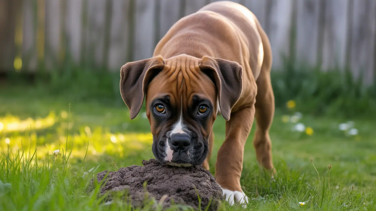 Young Boxer puppy examining a dirt mound in a backyard garden