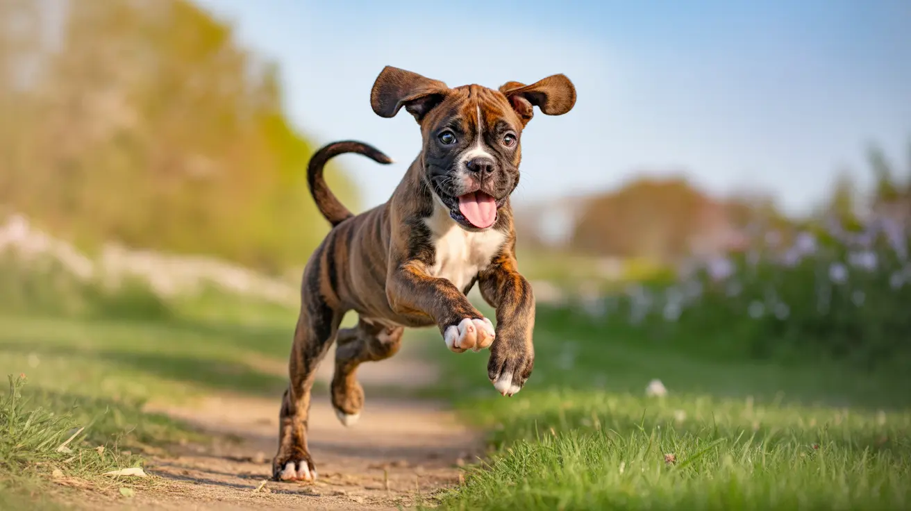 A young Boxer puppy leaping energetically along a dirt path with a playful expression