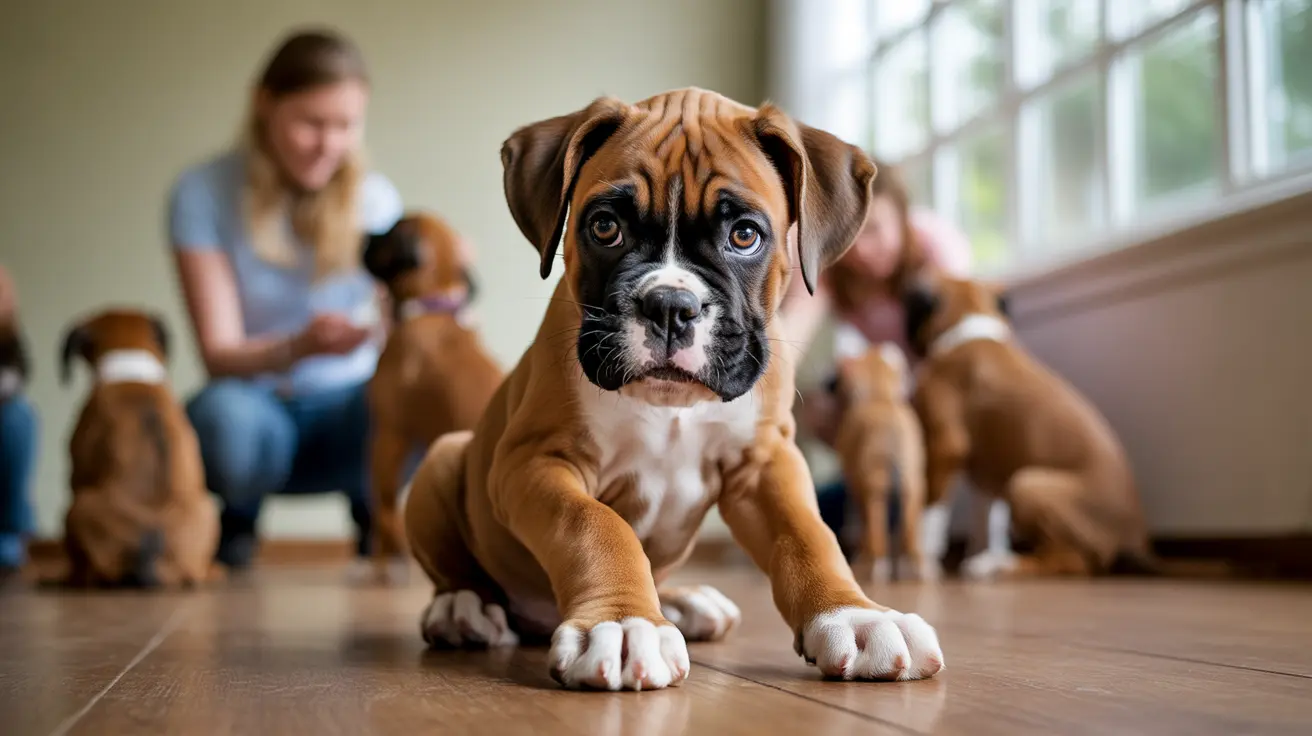 Boxer puppy sitting attentively on hardwood floor in bright indoor room with woman playing with other puppies