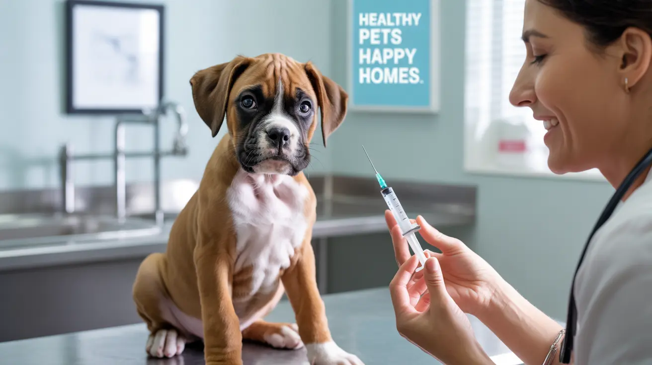 Young Boxer puppy receiving a vaccination at a veterinary clinic