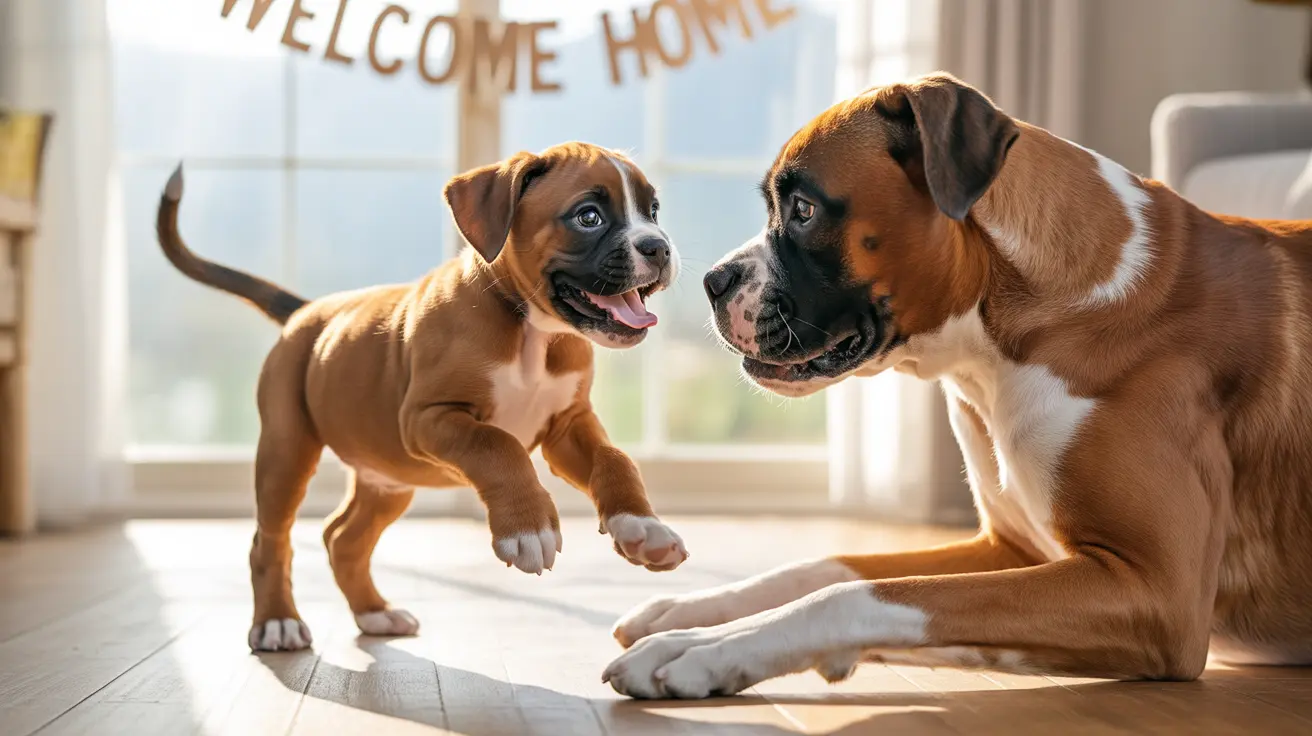 A playful boxer puppy interacting with an adult boxer dog near a 'Welcome Home' sign