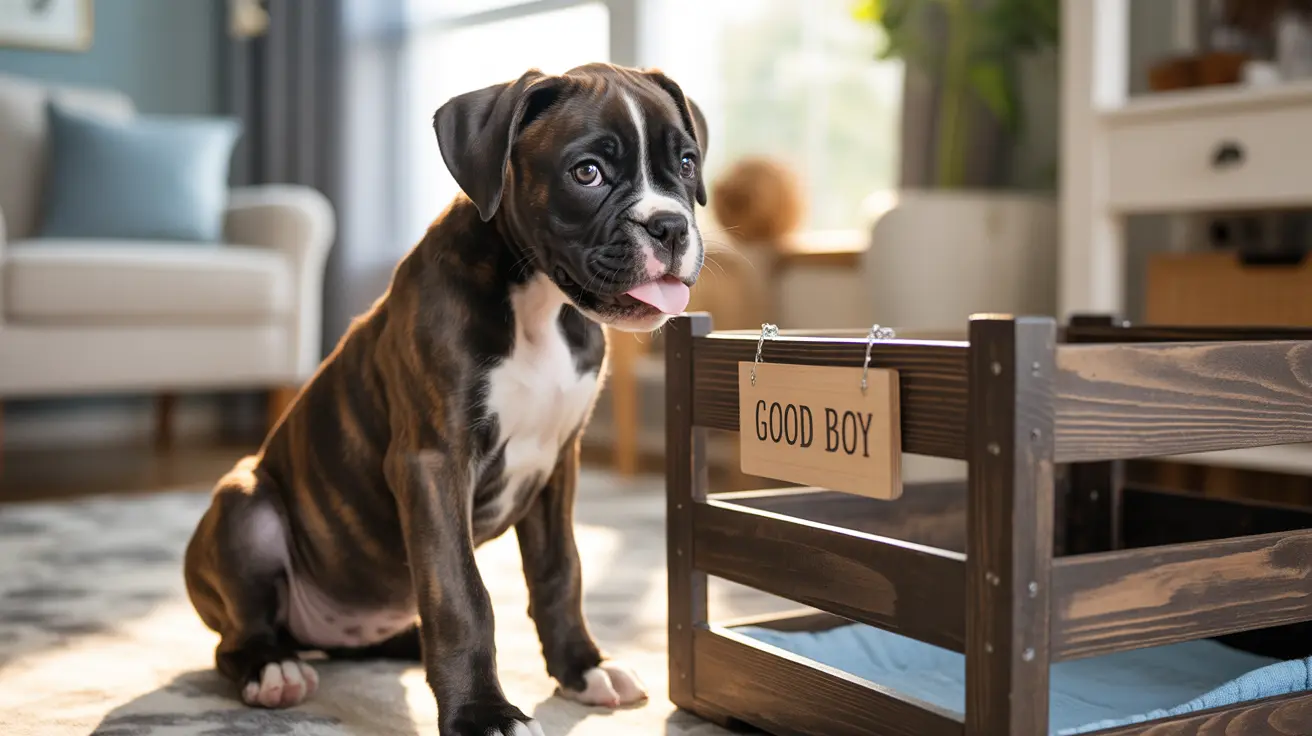 A young Boxer puppy sitting next to a wooden dog bed with a Good Boy sign