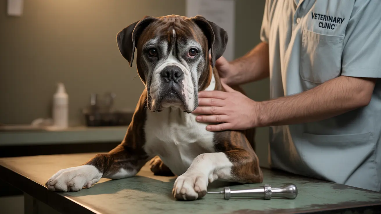 Un chien Boxer au regard sérieux est assis sur une table d’examen dans une clinique vétérinaire, avec la main d’un professionnel vétérinaire posée sur son dos.