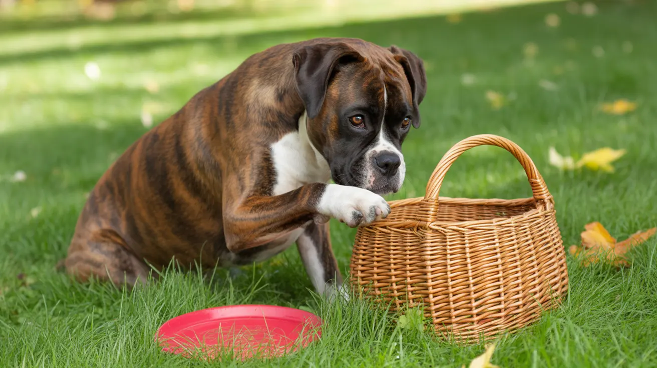 Brindle Boxer dog sitting on green grass next to a wicker basket and a red frisbee