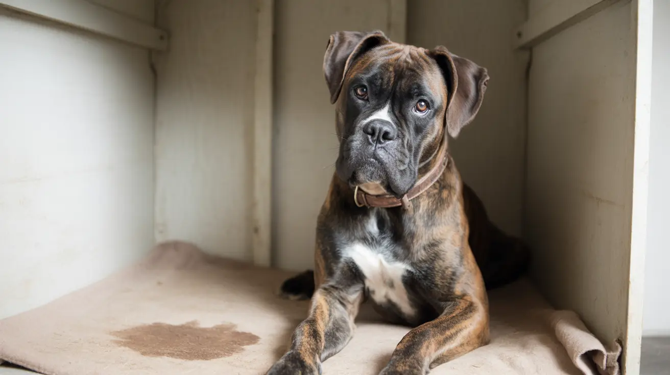 A brindle Boxer dog sitting attentively inside a light-colored wooden enclosure or room