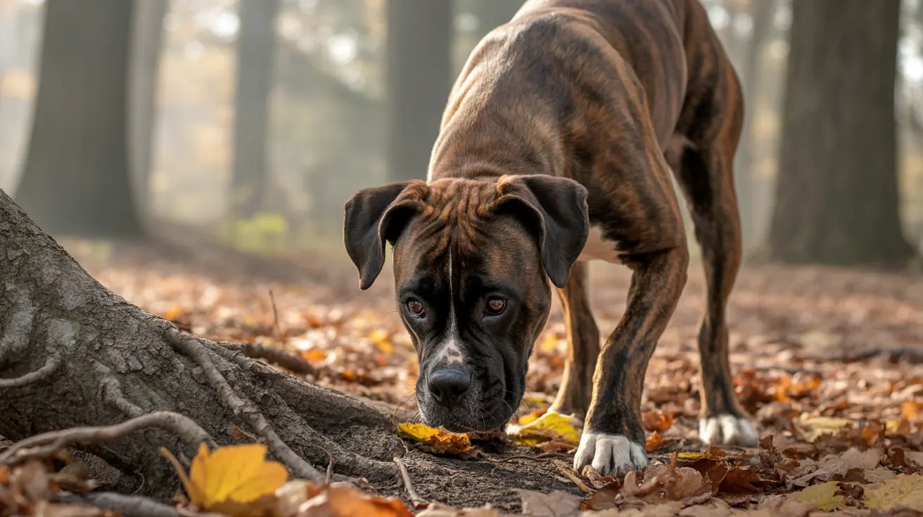 Brindle mixed breed dog sniffing autumn leaves and tree roots in wooded area