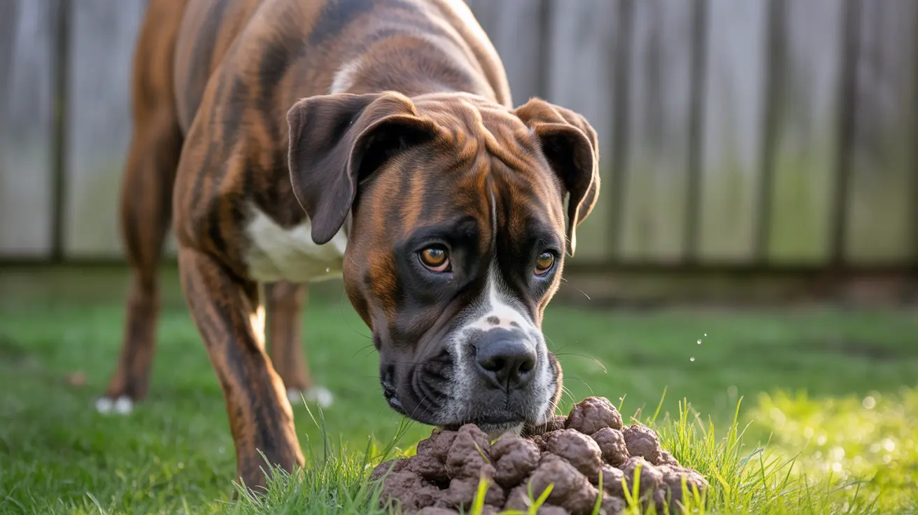 Brindle mixed breed dog sniffing dog food or treats on grass in backyard