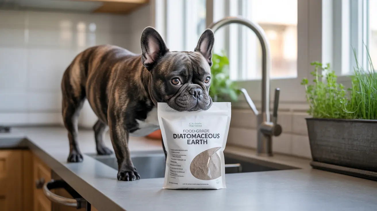 A brindle French Bulldog standing on a kitchen counter next to a bag of diatomaceous earth