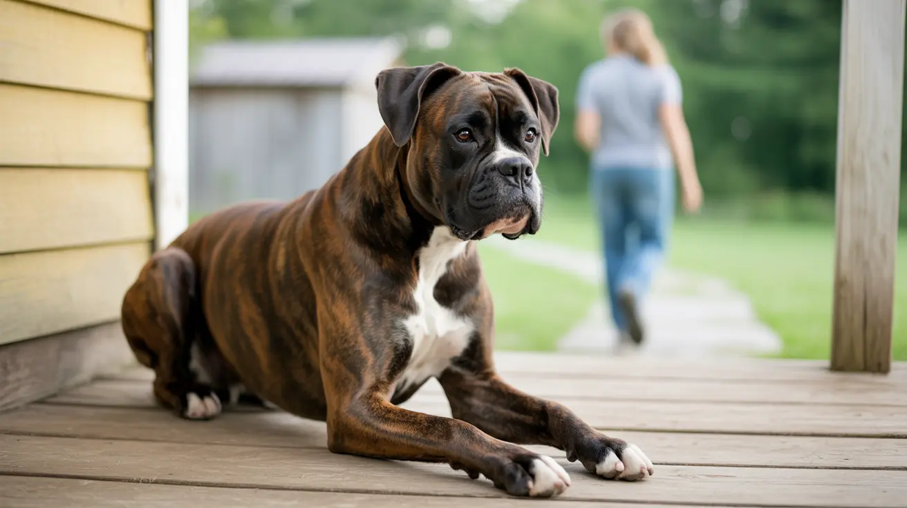 Brindle and white Boxer lying calmly on wooden deck with person walking blurred in background