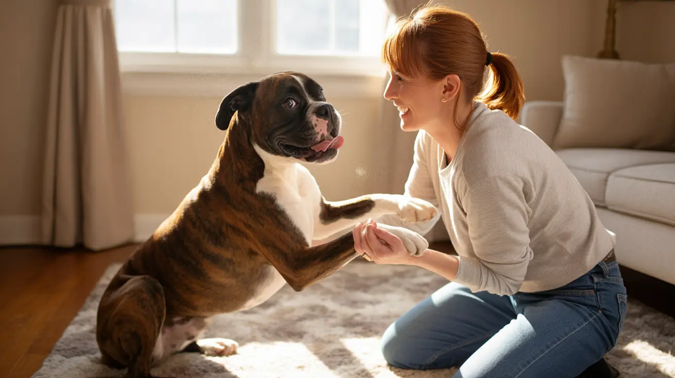 Brindle and white Boxer dog offering paw to smiling woman in sunlit living room