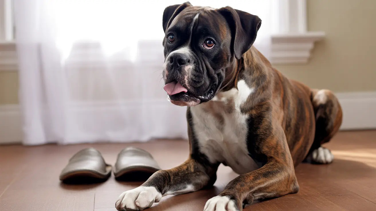 Brindle and white Boxer lying on wooden floor next to house slippers indoors