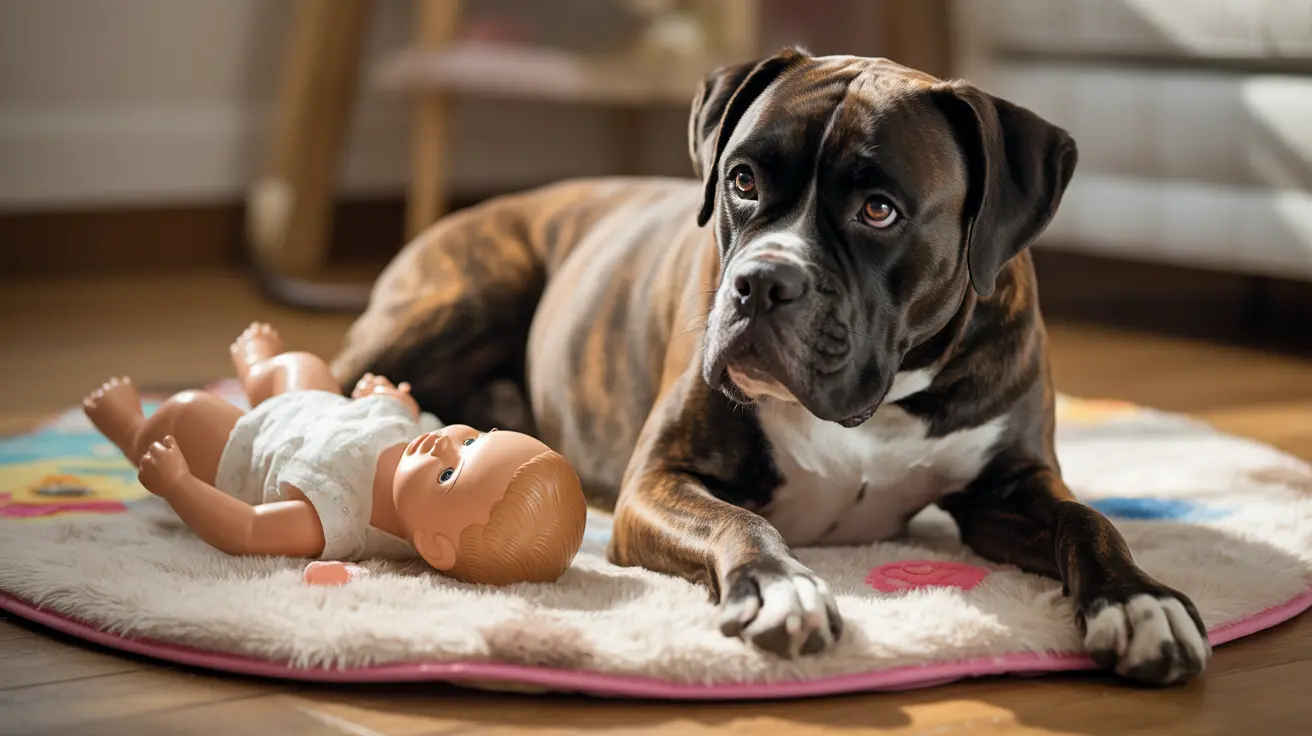 Brindle and white dog lying on colorful play mat beside baby doll indoors