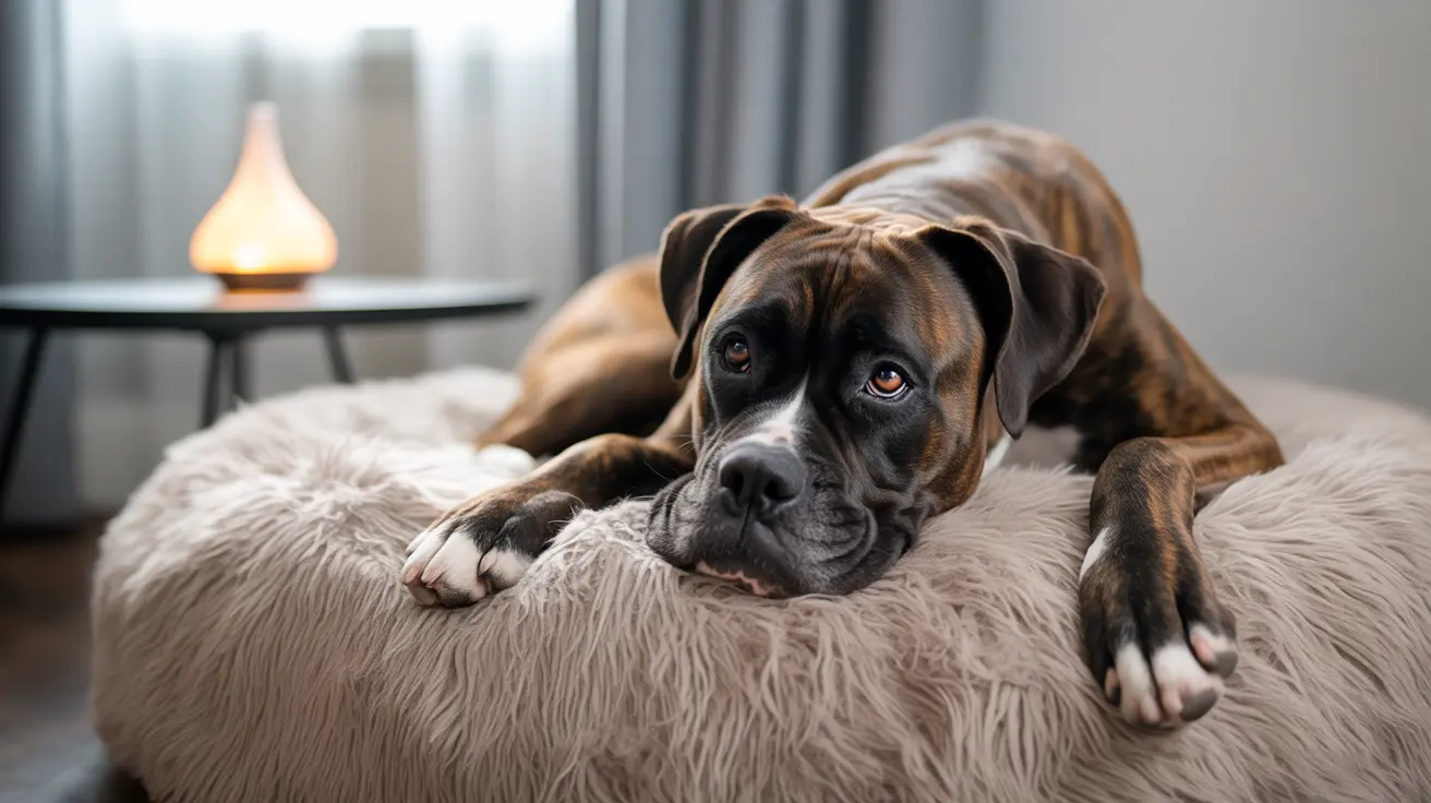 Brindle and white dog resting on a fluffy beige cushion in a modern living room