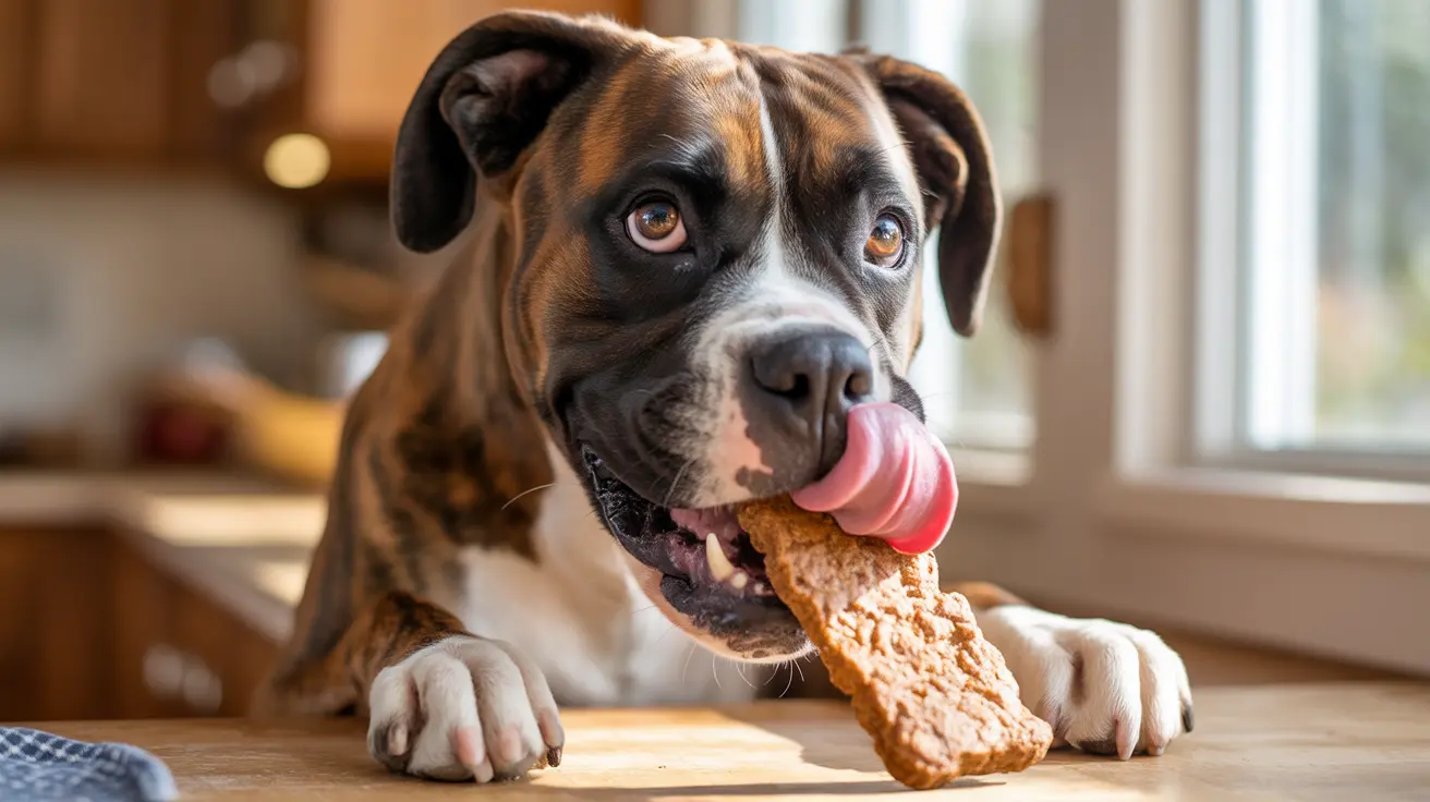 Brindle and white mixed breed dog licking peanut butter from wooden spoon at kitchen counter