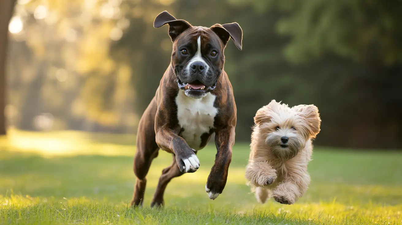 Large brindle and white pit bull and small fluffy terrier running together on sunny grassy field