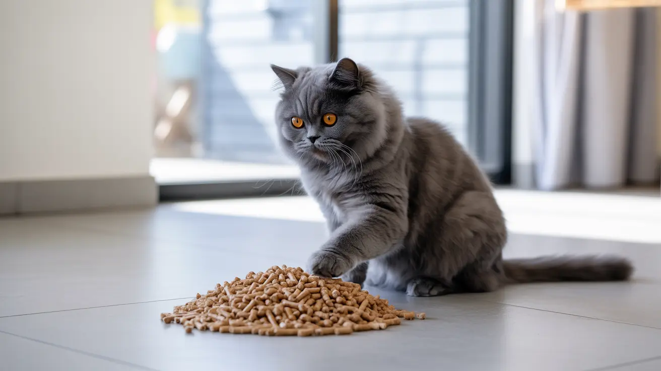 A gray British Longhair cat sitting next to a large pile of dry cat food pellets