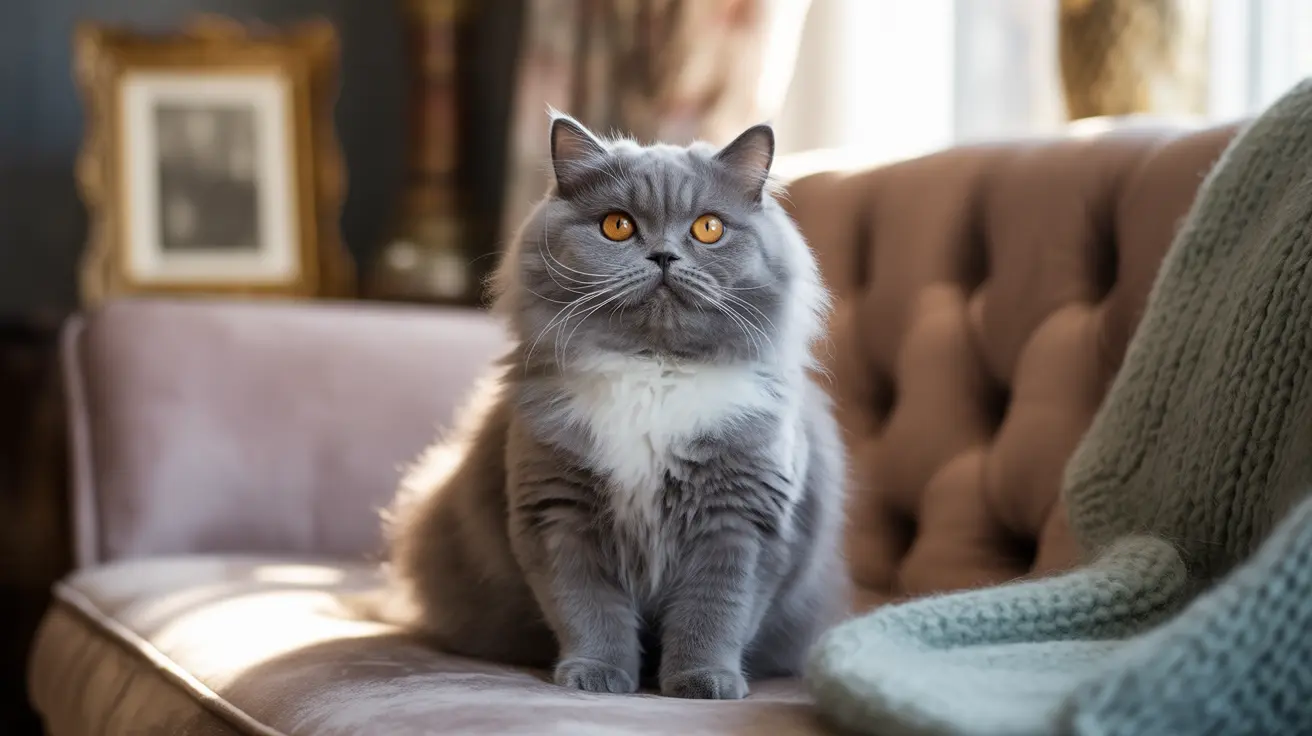 A majestic gray and white British Longhair cat sitting regally on a cozy chair near a window