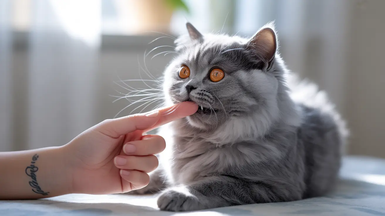 Gray and white British Longhair cat playfully licking a human's finger